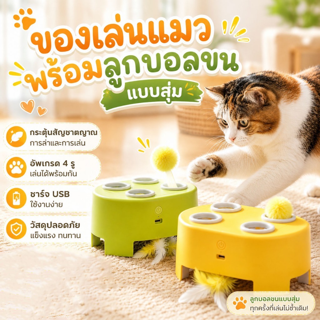 ของเล่นแมวอัตโนมัติ 3 โหมด ลูกบอลขนเด้งแบบสุ่ม 4 ช่อง พร้อมขนนก ชาร์จ USB มี 2 สี ของเล่นแมวคลายเครียด กระตุ้นสัญชาตญาณ