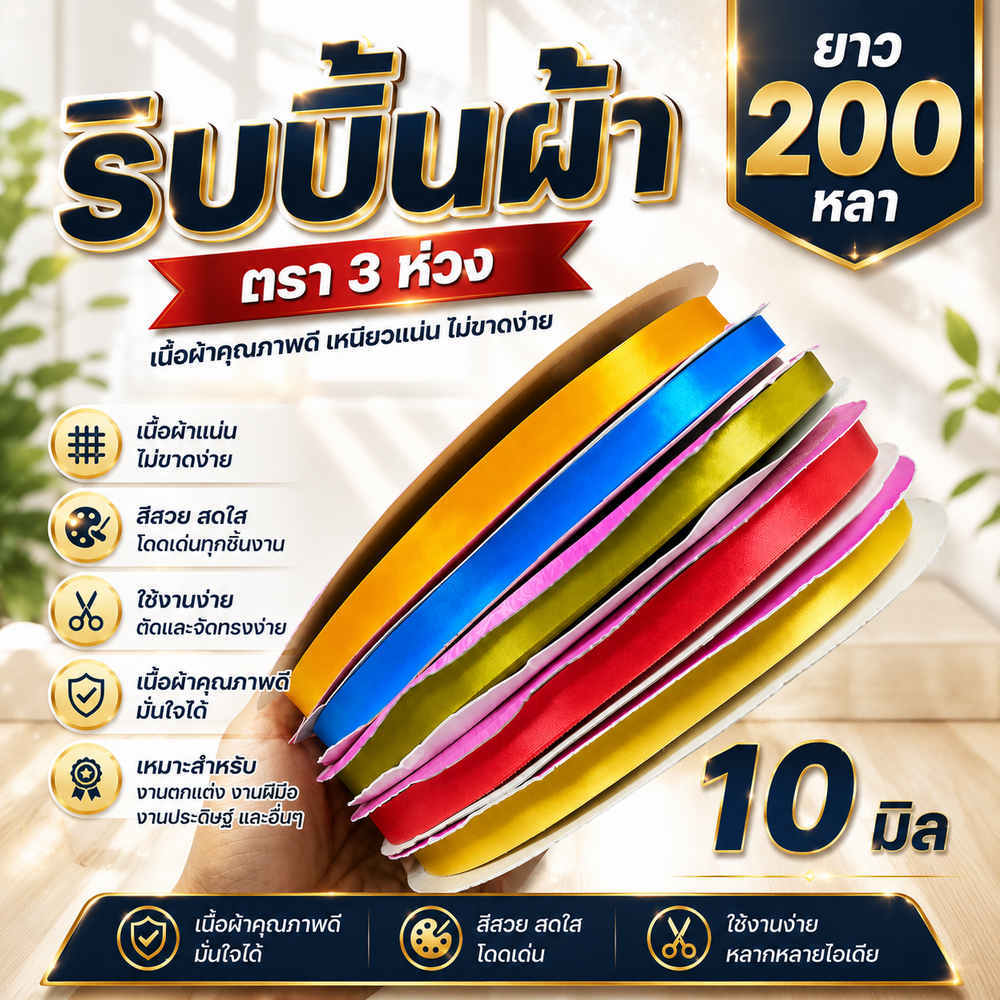 ริบบิ้นผ้า ตรา 3 ห่วง ขนาด 10 มิล X 200 หลา (1ม้วน) ทำโบว์ของขวัญ ผูกช่อดอกไม้ ผูกกระเช้าผลไม้ ผ้ามีความมันวาวด้านเดียว