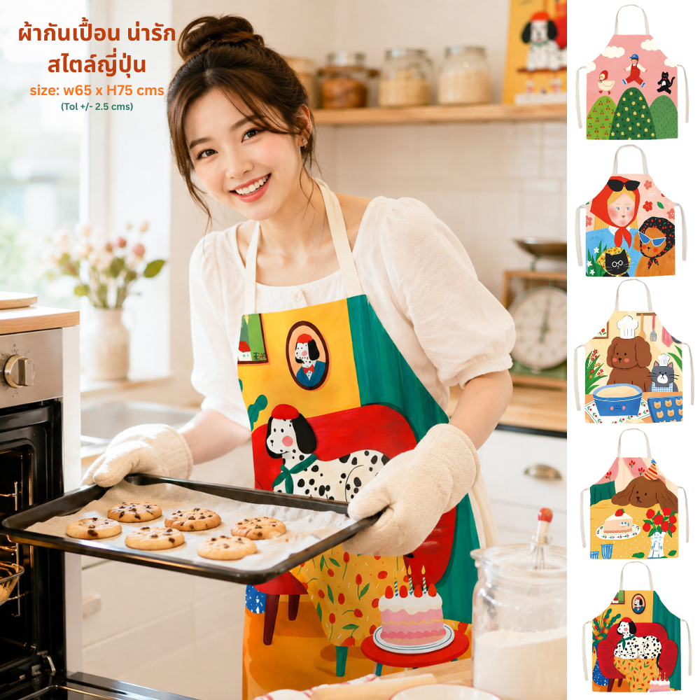 ผ้ากันเปื้อน น่ารัก สไตล์ญี่ปุ่น ผ้าโพลีเอสเตอร์ ขนาด ก65 x ย75 cms กันน้ำ กันน้ำมัน ไม่ร้อน ระบายอากาศได้ดี สีสันสดใส