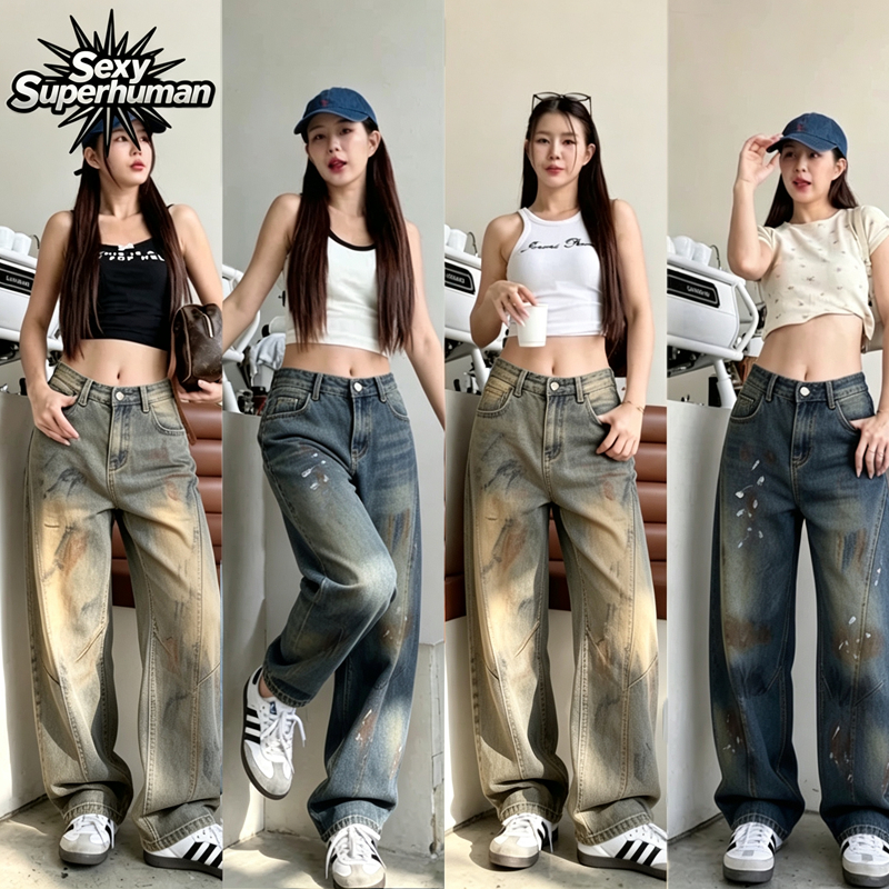 กางเกงยีนส์ทรงBarrel ดีเทลสีเลอะ แต่งลาย+ปัก เอวเข้ารูป ส่งจากไทย รุ่นใหม่ขายดี!