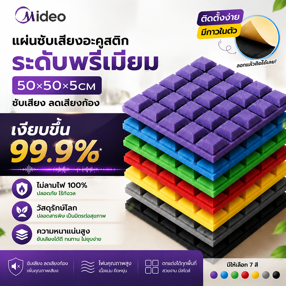 Mideo (1 แผ่น/ขนาดใหญ่) แผ่นซับเสียง ฟองน้ำซับเสียง 50*50*5CM ความหนาแน่นสูง ที่เก็บเสียงห้อง