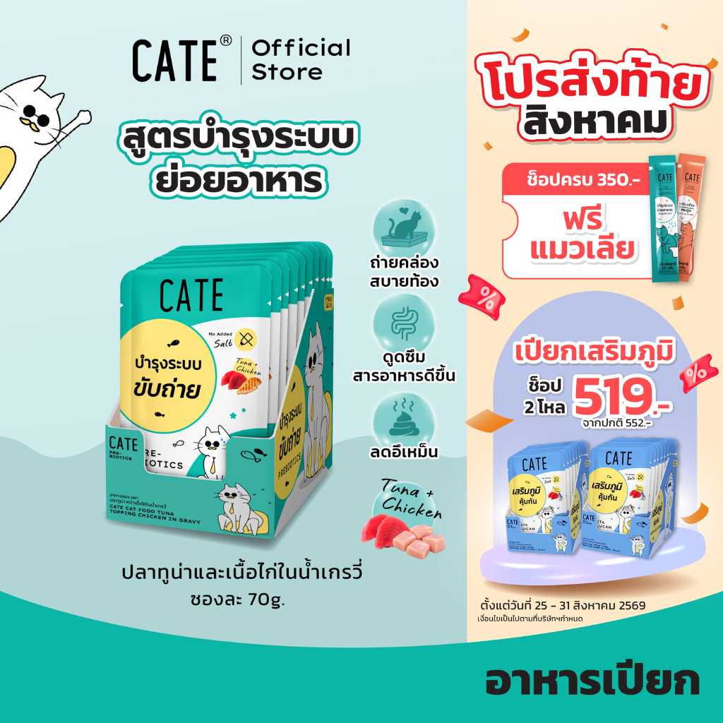 (ยกโหล) CATE เคท อาหารเปียกแมว สูตรบำรุงระบบย่อยอาหาร Prebiotics รสทูน่าไก่ ในน้ำเกรวี่ ไม่เติมเกลือ