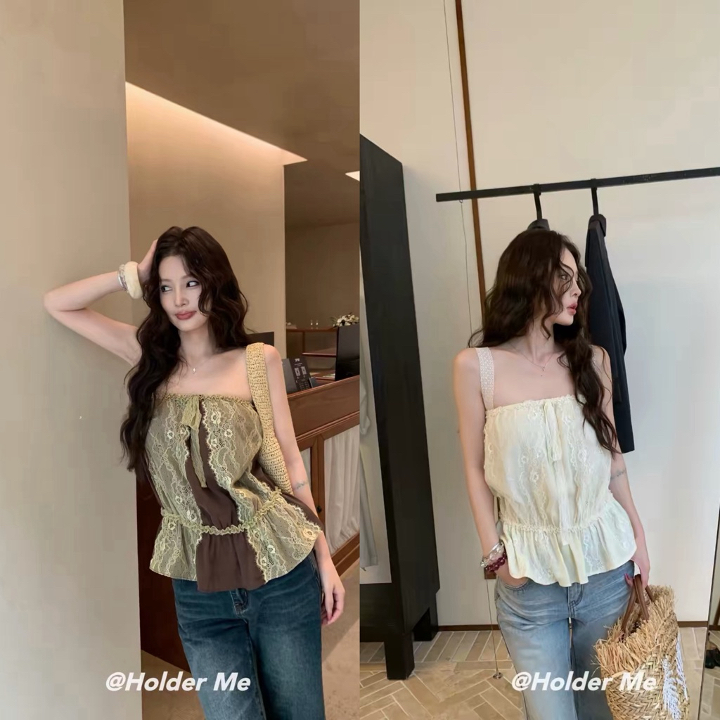 เสื้อสายเดี่ยว แต่งพาแนลผ้าลูกไม้ ผูกโบว์ช่วงอก จั๊มเอวทรงเพพลัม ลูกไม้ฝรั่งเศสสุดหรู