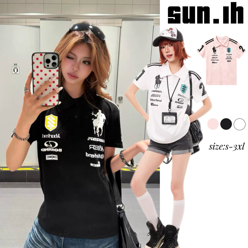SUN พร้อมส่ง เสื้อโปโลแขนสั้นสไตล์อเมริกัน มีป้ายโลโก้ และทรงหลวมช่วงไหล่ สไตล์ลำลองสบายๆ