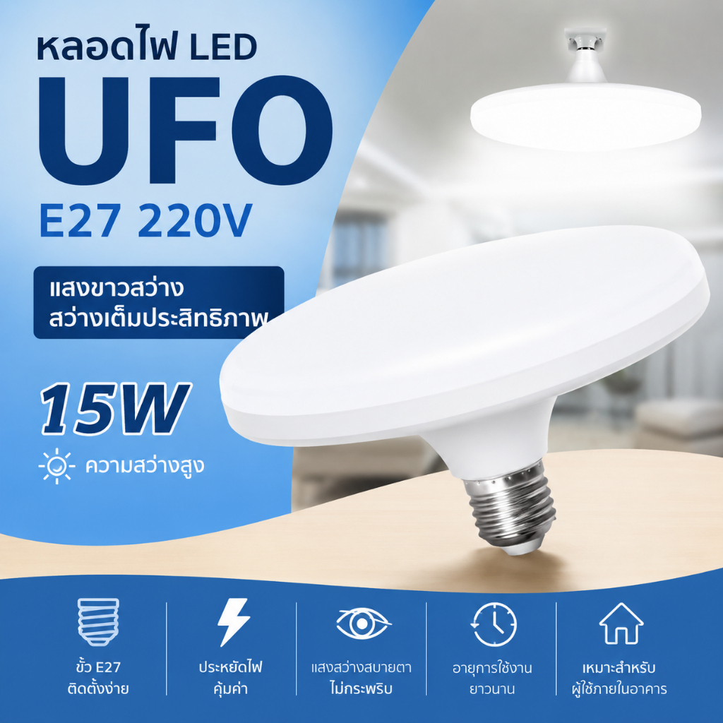 LEO-T หลอดไฟ LED E27 220V หลอดไฟ LED สว่างจ้า15W UFO โคมไฟแสงสีขาวเย็นในร่มโคมไฟตารางไฟ สำหรับโรงรถCOD