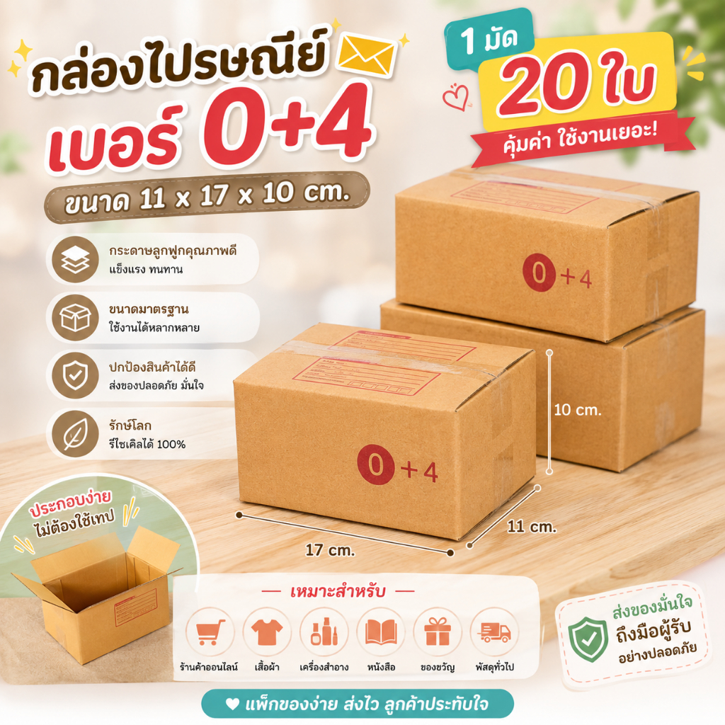 1 มัด 20 ใบ กล่องไปรษณีย์ 11x17x10cm. (O+4) มัด 20 ใบ