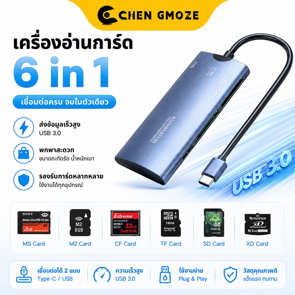 CHEN GMOZE 6-in-1 Type-C Card Reader Universal USB Hub รองรับ TF SD MS M2 XD CF Memory Stick สำหรับ Laptop PC