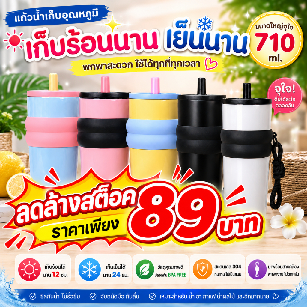 ปลีก/ส่ง แก้วเก็บความเย็น  พร้อมหลอด เก็บเย็น-ร้อนได้นาน ความจุสูง สแตนเลส ขนาด710ML
