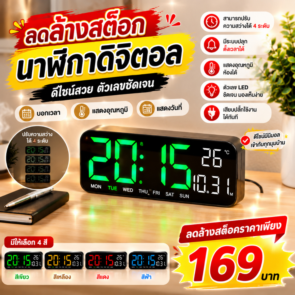 ปลีก/ส่ง นาฬิกาดิจิตอลติดผนัง วัดอุณหภูมิ ตัวจับเวลา ปรับความสว่างได้4ระดับ