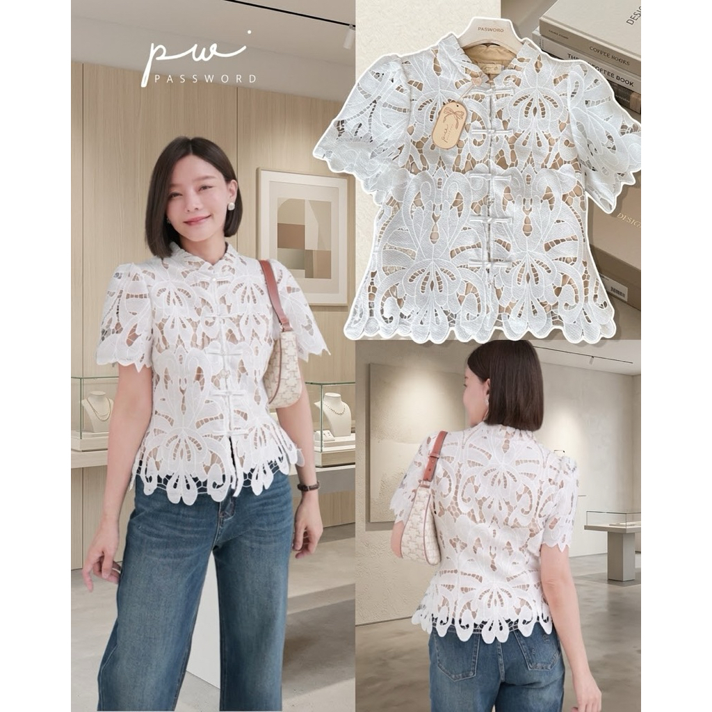 Password 6380 เสื้อลูกไม้คอตตอนเนื้อนุ่ม ฉลุลายดอกไม้