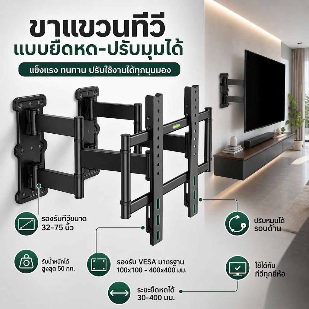 ขาแขวนทีวี 40–85นิ้ว รุ่น Pro แบบพับ-ปรับมุมได้ หมุนซ้าย-ขวา 90° ติดตั้งง่าย แข็งแรง