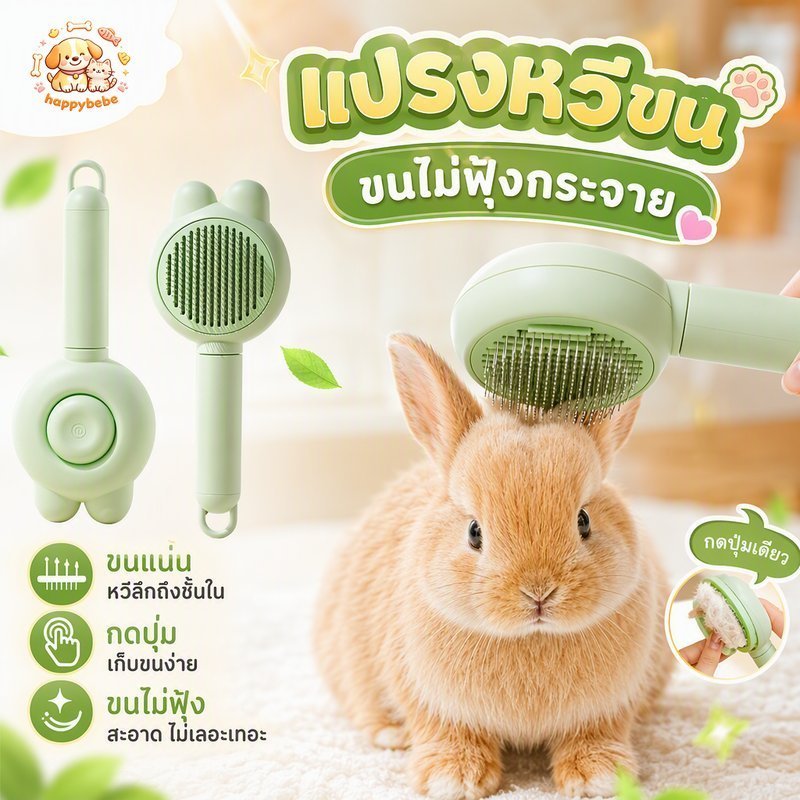 หวีกำจัดขนสัตว์เลี้ยง แปรงขนกระต่าย ด้ามจับยาว ปุ่มดันขนออก หวีโค้ง ฟันถี่ สำหรับสุนัขแมว