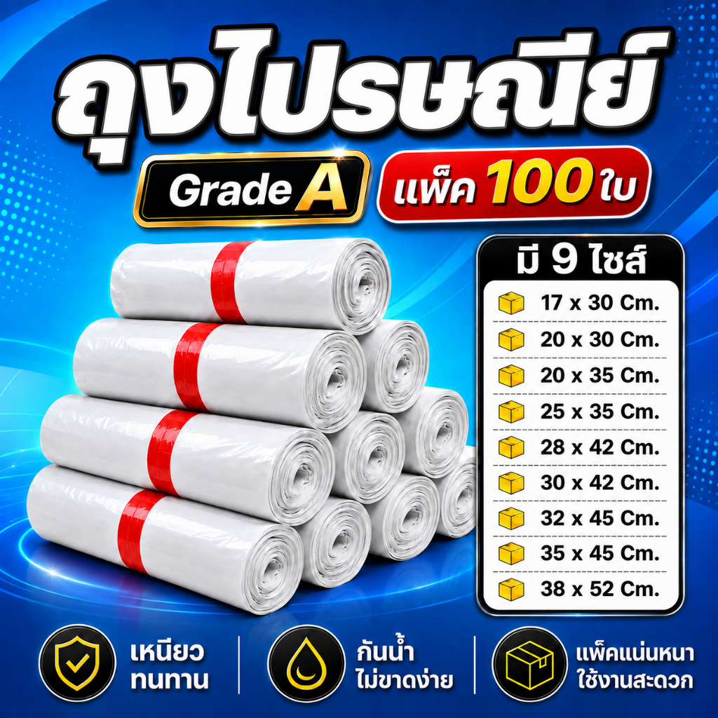 ถุงไปรษณีย์ ซองพัสดุ Grade A 100 ใบ กันน้ำ เหนียวทน หลายขนาด สำหรับร้านค้าออนไลน์