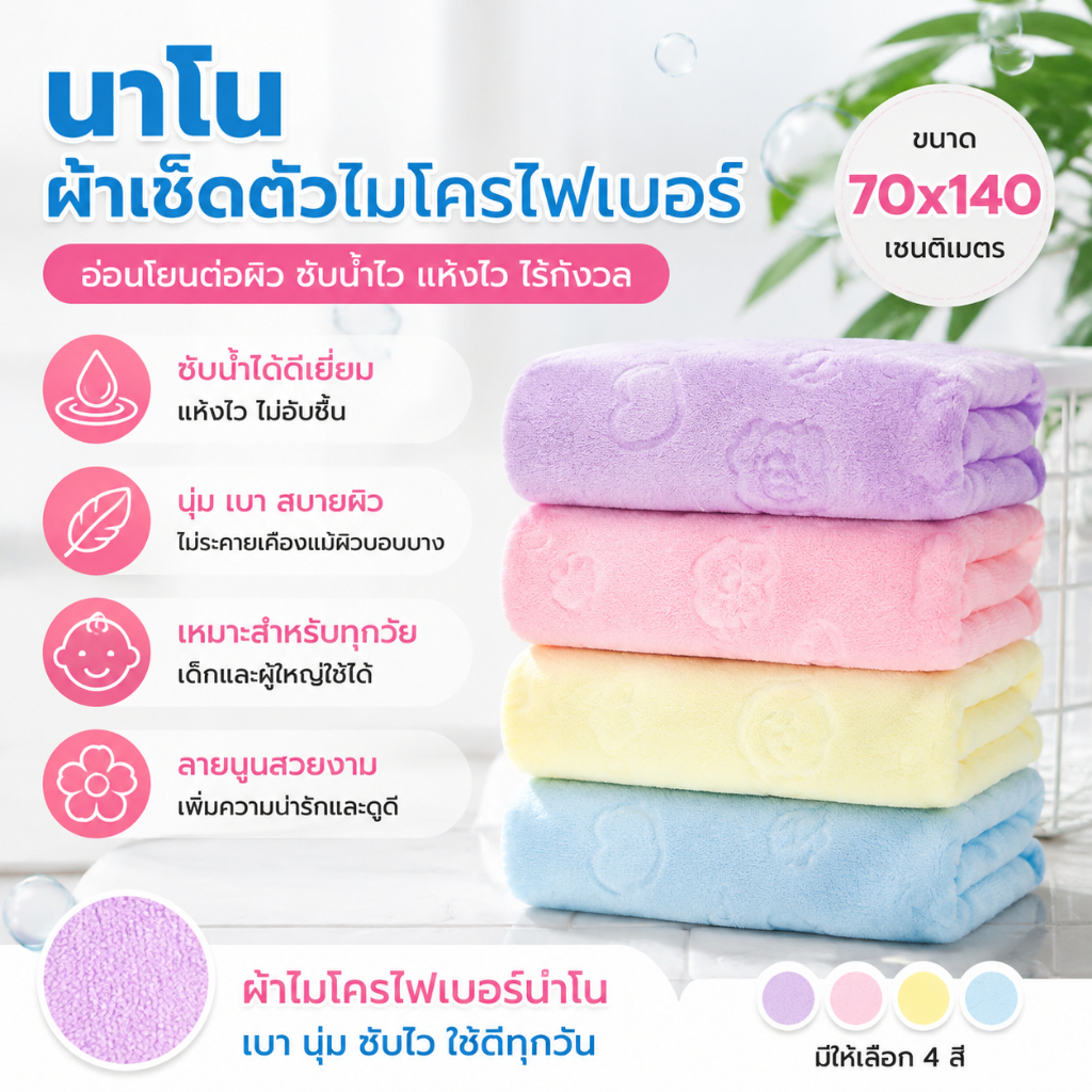 ผ้าเช็ดตัวนาโน ขนาด 70x140 ซม สีพื้น ปั้มลาย ซึมซับน้ำได้ดี แบบบาง นุ่มไม่ระคายเคืองผิว เหมาะกับเด็กและผู้ใหญ่