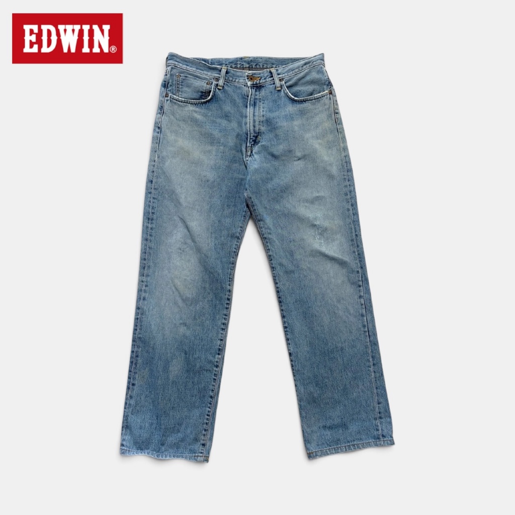 กางเกงยีนส์มือสอง Edwin รุ่น 505X ริมแดง ป้ายส้ม Made In Japan🇯🇵 เอว 34 ยาว 41 ปลายขา 9 สภาพดี เฟดสว