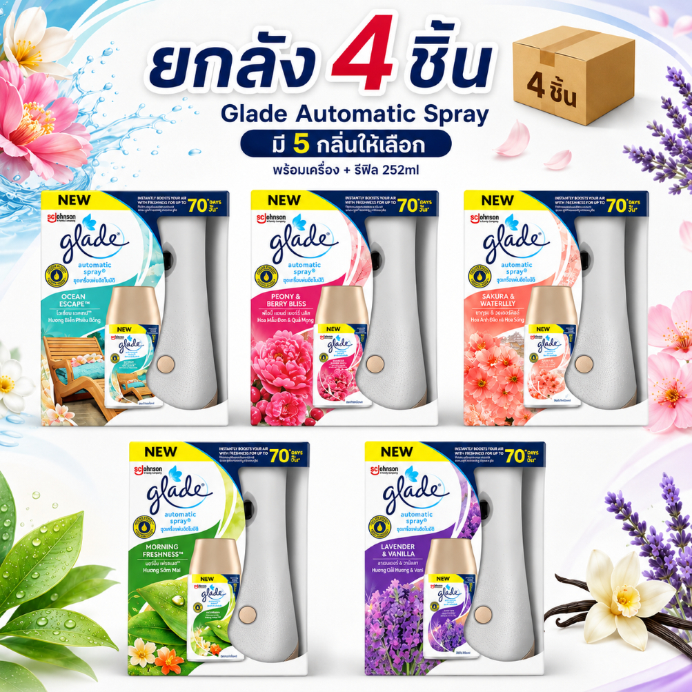 Glade Automatic Spray ชุดเครื่องพ่นสเปรย์อัตโนมัติ พร้อมรีฟิล 252ml | ยกลัง 4 ชิ้น | ราคาส่ง | มีหลายกลิ่นให้เลือก