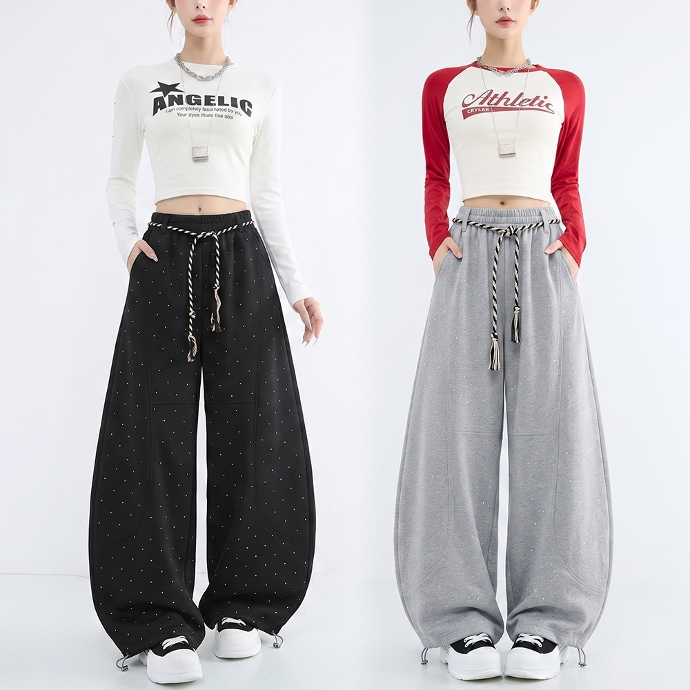 กางเกงวอรม Y2K แตงครสตล ปลายขาจมได/ปลอยขากวางได เอวสงแมทชงาย M-XL
