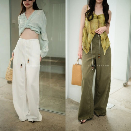 V578 กางเกงยีนส์ขายาวเอวสม็อคเชือกลูกปัด งานป้าย vshopbrand