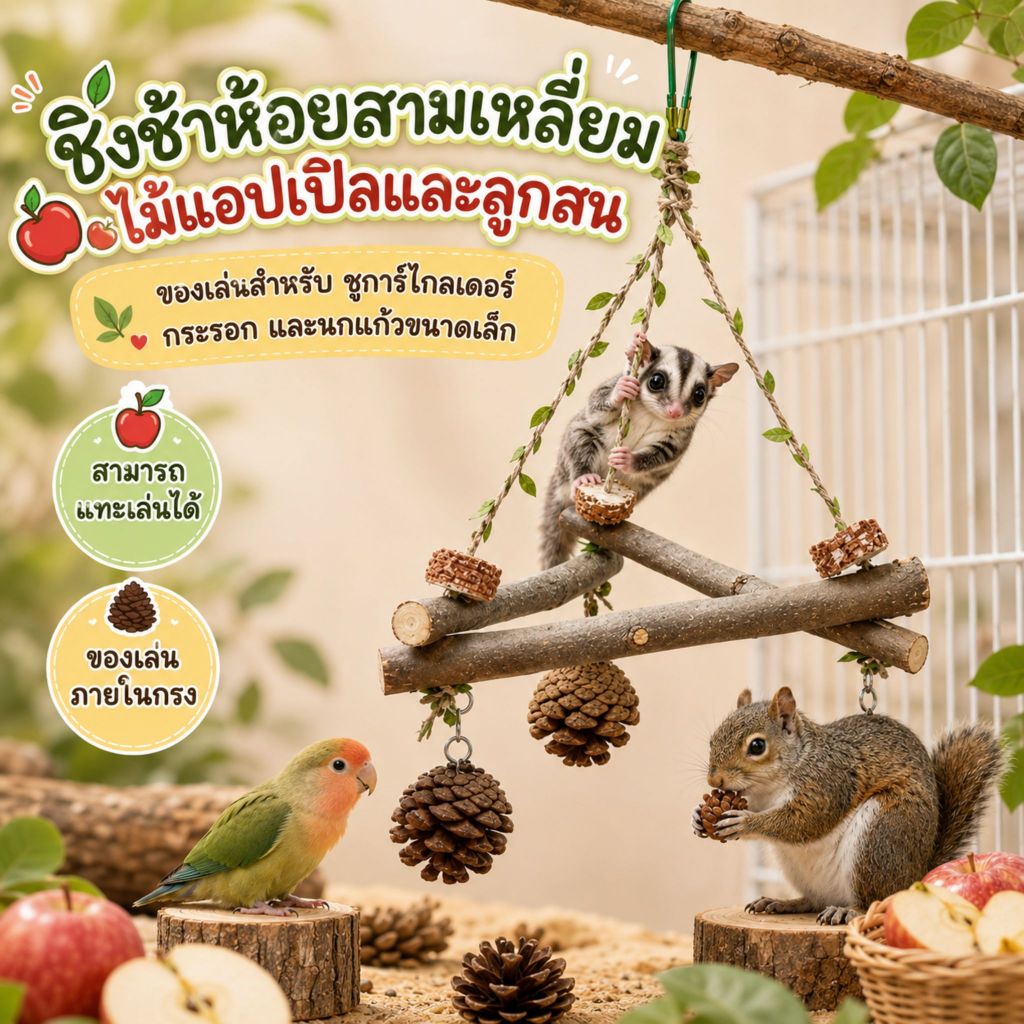 ชิงช้าสามเหลี่ยมไม้แอปเปิลลูกสน ของเล่นชูการ์ไกลเดอร์ กระรอก นกแก้ว แขวนกรง