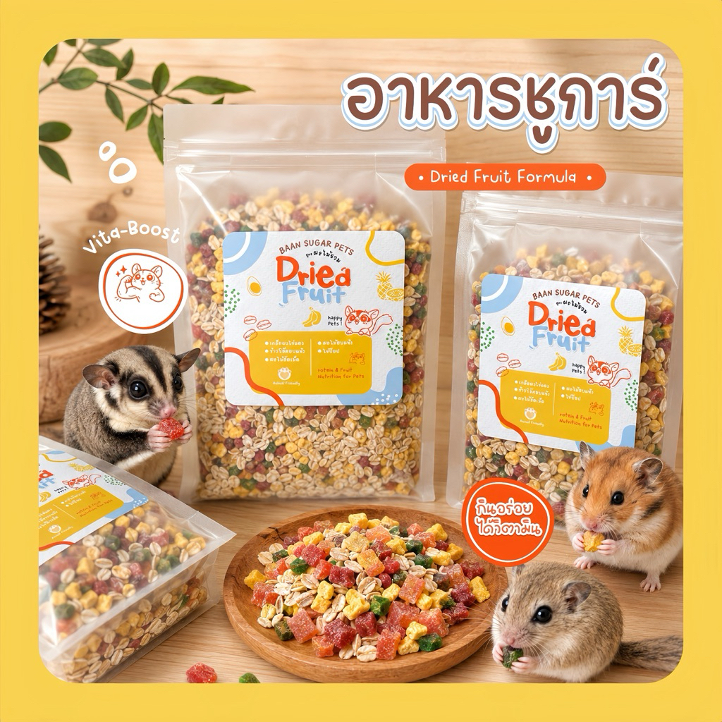 อาหารชูก้าไกรเดอร์ สูตร ผลไม้อบแห้ง | สำหรับ ชูการ์ กระรอก ดอร์เมาส์ แฮมสเตอร์(สูตรใหม่โปรตีนวิตามินแคลเซียม)