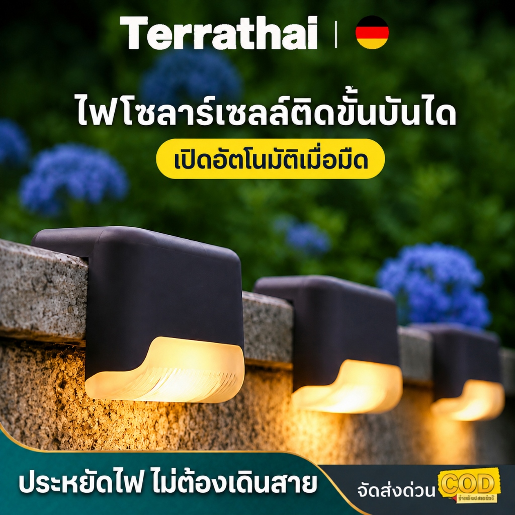 ไฟติดบันได ติดกำแพงหน้าบ้าน รั้วบ้าน เพิ่มความสวยงาม ไฟเหลือง Solar light 1 LED ไฟพลังงานแสงอาทิตย์