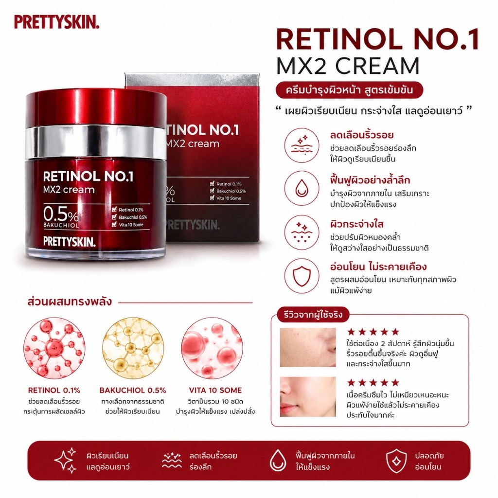 ถูกที่สุด Pretty Skin Retinol No.1 MX2 Cream 50ml. ครีมต่อต้านริ้วรอยแห่งวัย เพื่อผิวกระชับ