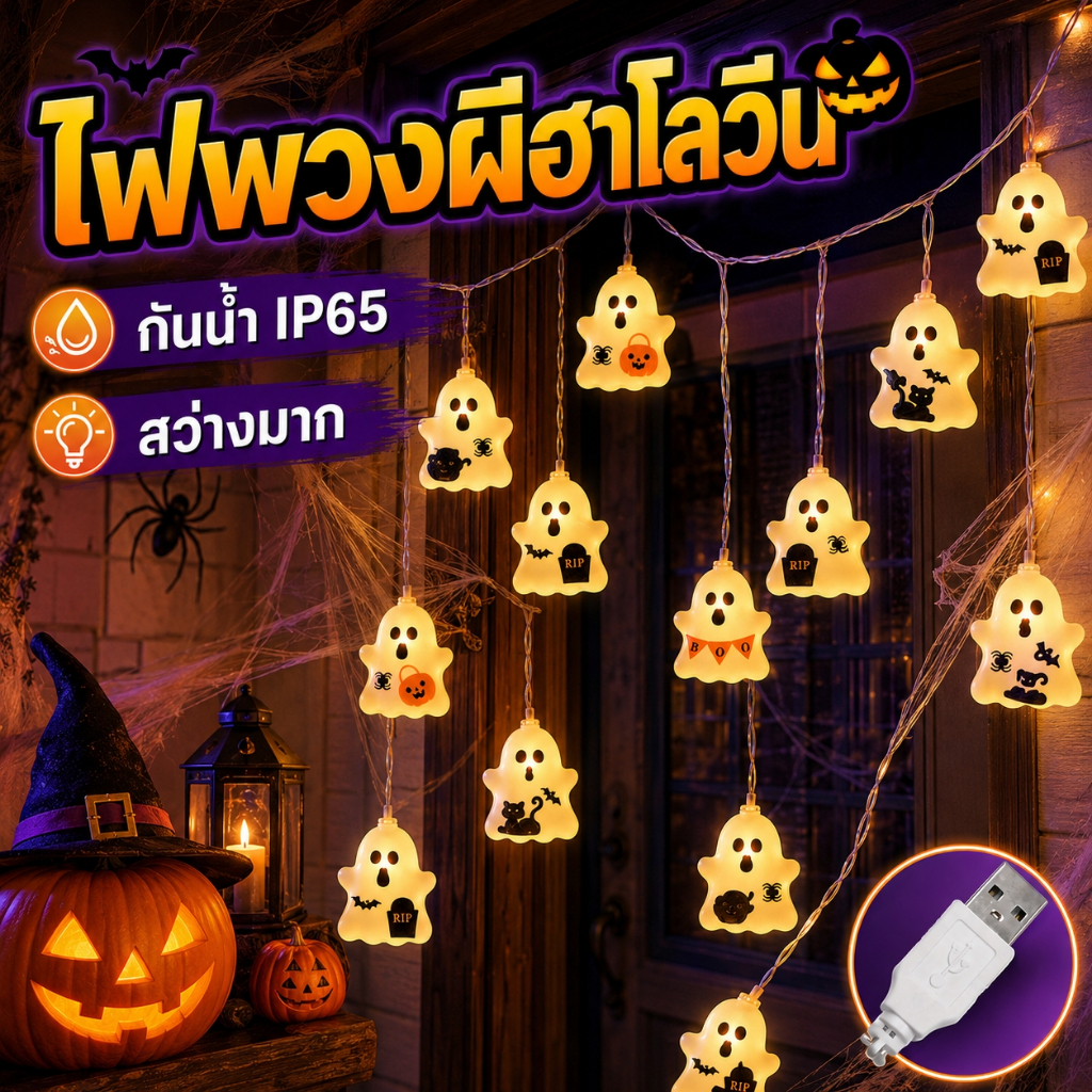 👻Halloween LED สายไฟ IP65 กันน้ำ ไฟฮาโลวีน 3 เมตร 20 ดวง แสงวอร์ม ไฟตกแต่งฮาโลวีน  สำหรับตกแต่งบ้าน ปาร์ตี้