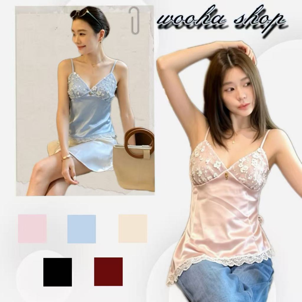 🥰wooha shop🥝ชุดเดรสมีดีไซน์ปักเลื่อมบริเวณหน้าอก ชายกระโปรงไม่เท่ากัน และเสื้อสายเดี่ยวผ้าซาตินแบบผูกด้านหลัง