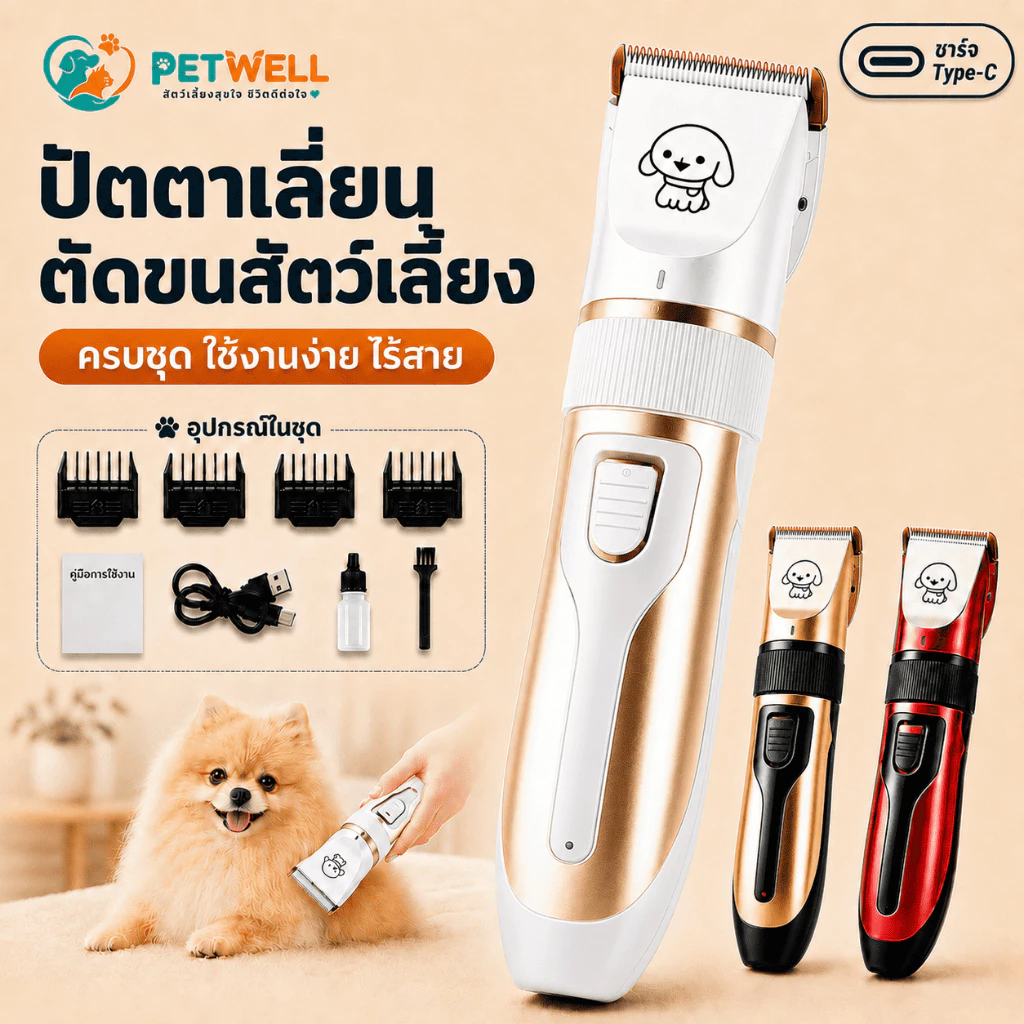 ปัตตาเลี่ยนตัดขนสุนัข PETWELL ชุด12ชิ้น อุปกรณ์เสริมฟรี Type-C ชาร์จใหม่ได้ ไร้สาย กันน้ำ เสียงเบา