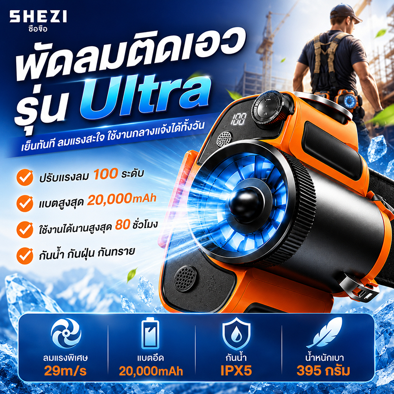 รุ่นใหม่ พัดลมคาดเอว 20000mAhแบตอึด พัดลมติดเอว พัดลมเหน็บเอว ลมแรงปรับได้ หน้าจอLED ยาวนานต่อเนื่อง พัดลมพกพานักเรียน