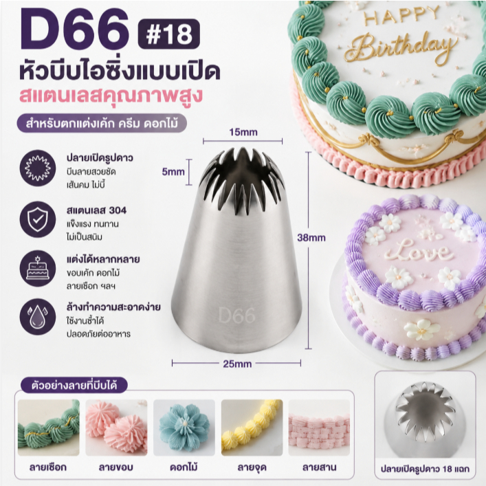 CG D66 #18ปลายท่อหัวฉีดไอซิ่งแบบเปิดหัวบีบปลายสแตนเลสสำหรับตกแต่งเค้ก