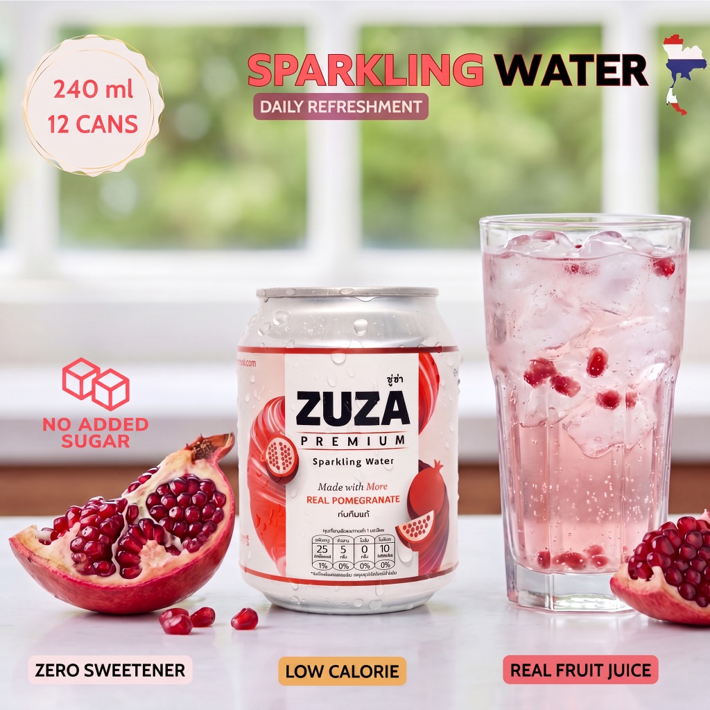 ZUZA Premium Pomegranate Sparkling Water 240ml |12 CANS| Made with Real Pomegranate Juice | 25 kcal 