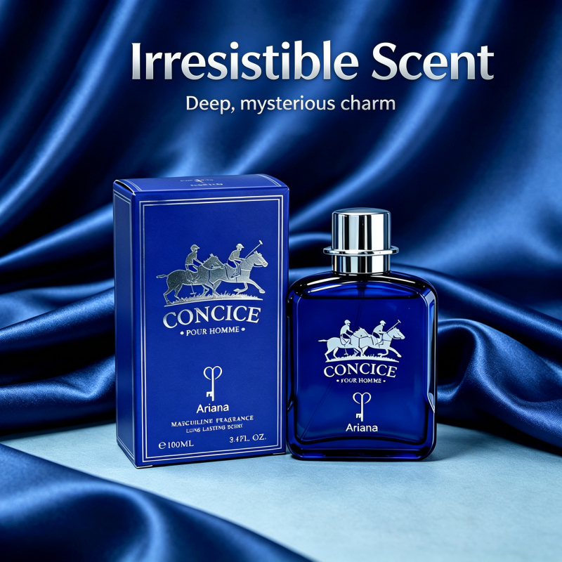 Ariana Concice Pour Homme Eau De Parfum 100ml, Glossy Dark Blue Square Bottle with Silver Polo Rider Pattern, Matching B
