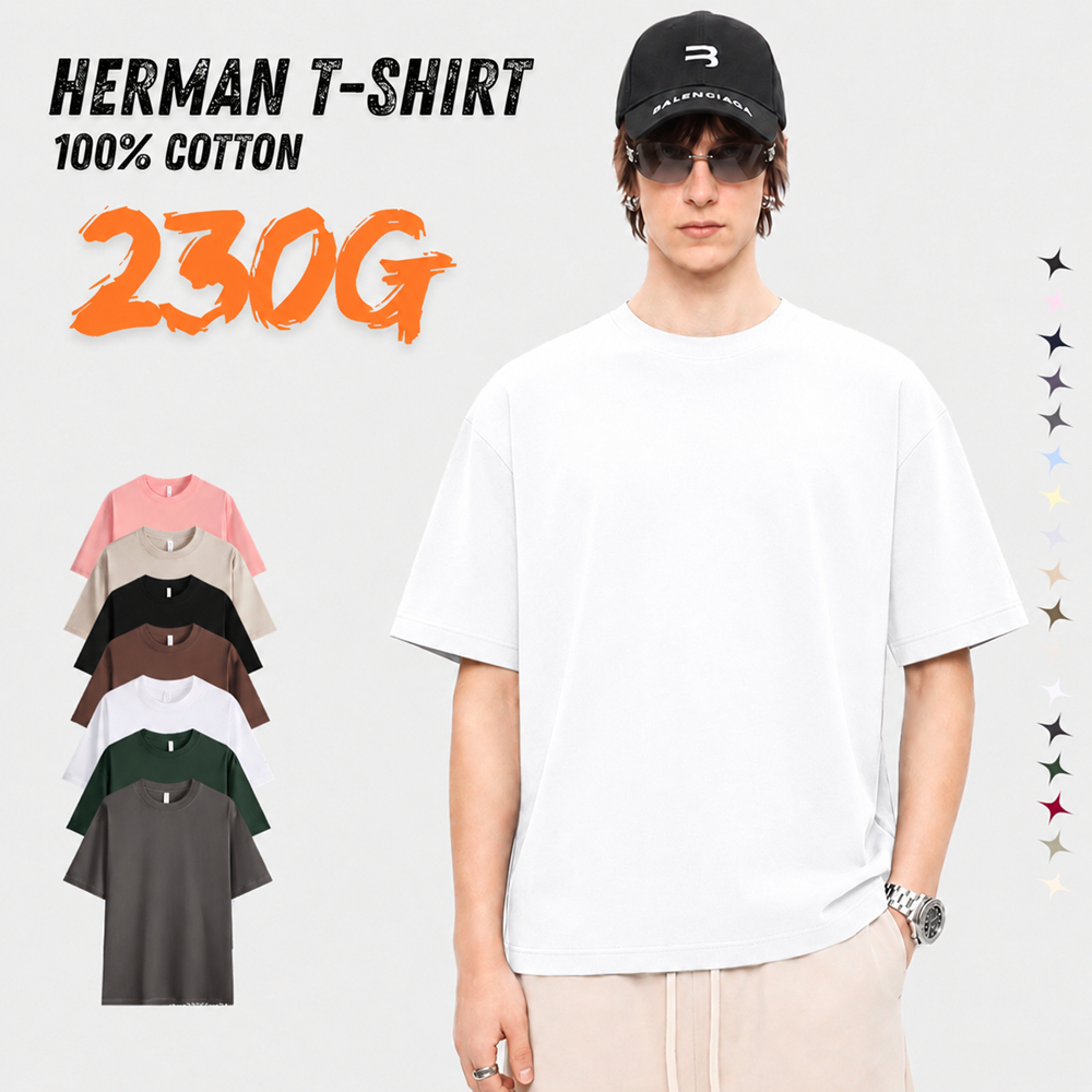 HERMAN T-Shirt เสื้อยืด สีขาว ผ้านุ่ม ไม่ต้องรีด มี 12 สี 230G ผ้าคอตตอน เกรดพรีเมี่ยม