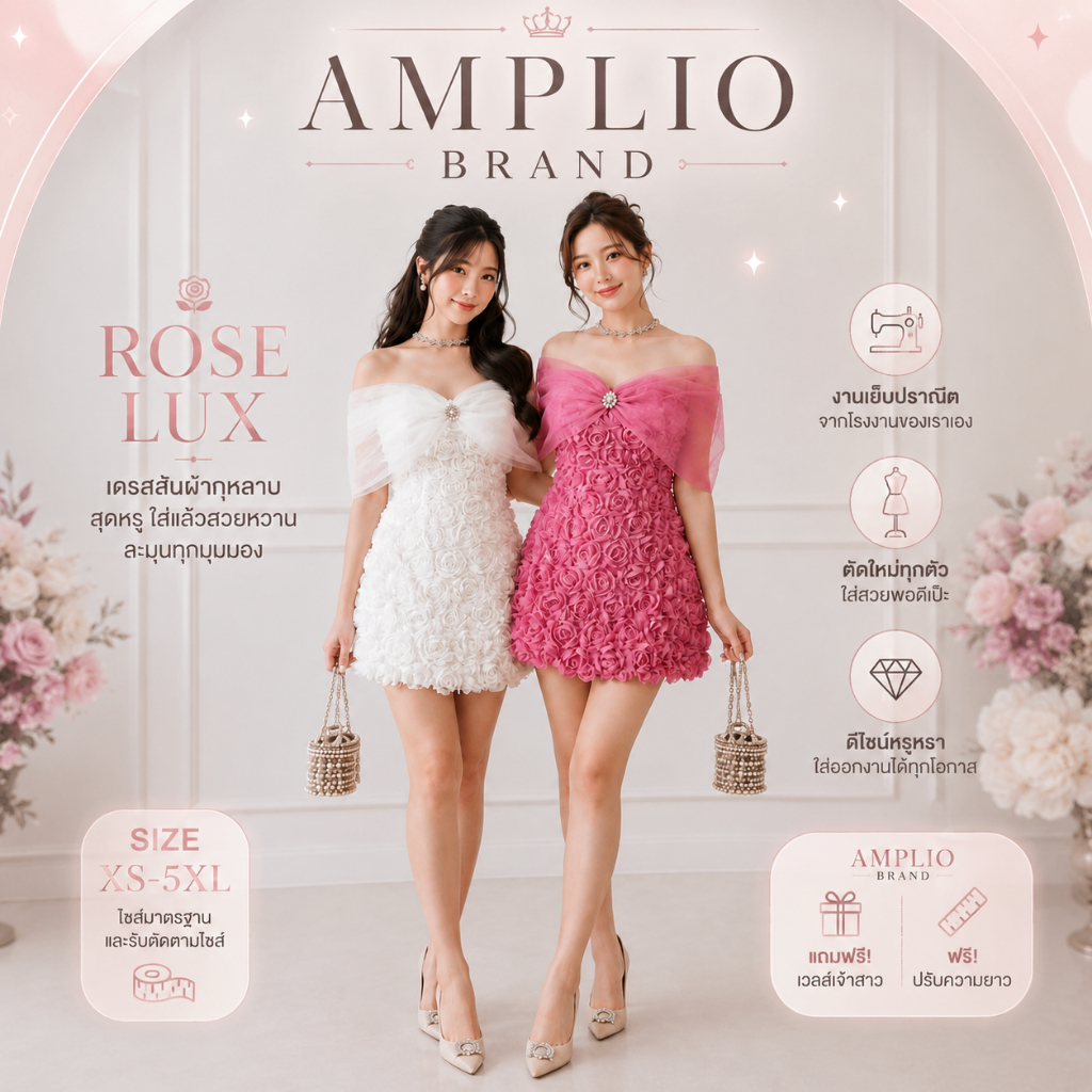 AMPLIO Lux rose ชุดเดรสผ้ากุหลาบปาดไหล่ ดีไซน์หรูหรา แต่งโบว์ที่อก สำหรับโอกาสพิเศษ ขนาด XS-5XL ให้คุณดูมีสไตล์และหรูหรา