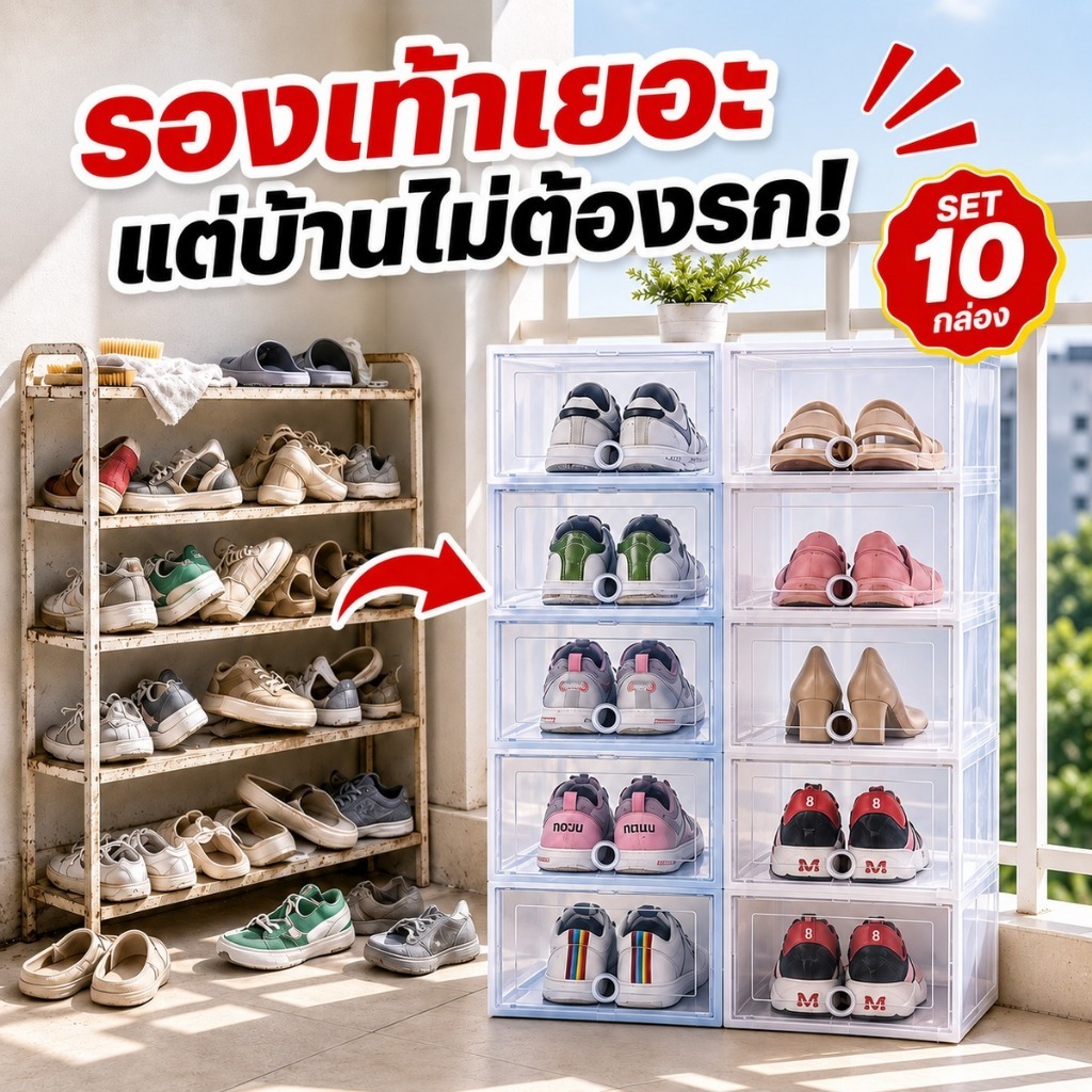 SET 10 กล่องรองเท้า กล่องเก็บรองเท้า พลาสติก PP ฝาใส เปิดด้านหน้า วางซ้อนได้ กันฝุ่น ประหยัดพื้นที่ พร้อมส่ง
