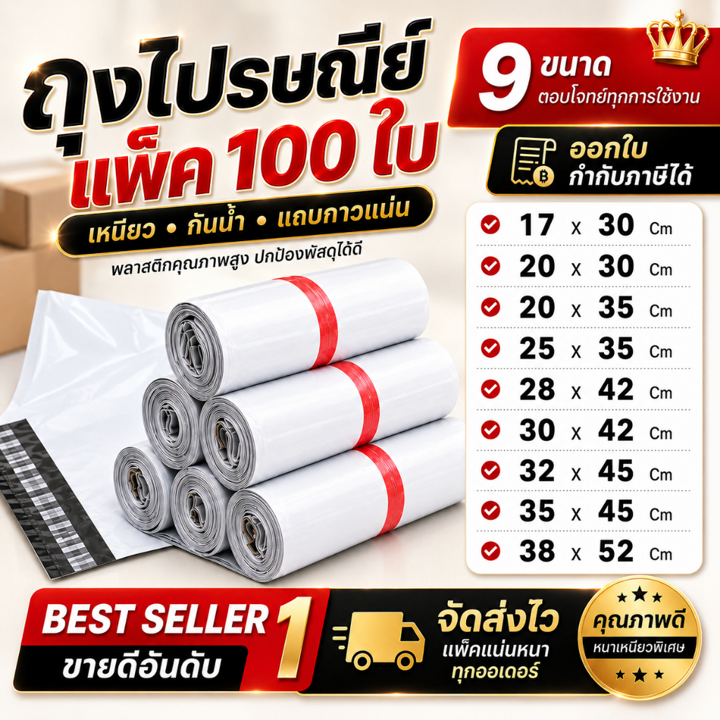 100 ใบ ซองไปรษณีย์พลาสติก ถุงไปรษณีย์ (ทุกขนาด) ถุงพัสดุ ซองพลาสติกกันน้ำ ซองไปรษณีย์ราคาถูก