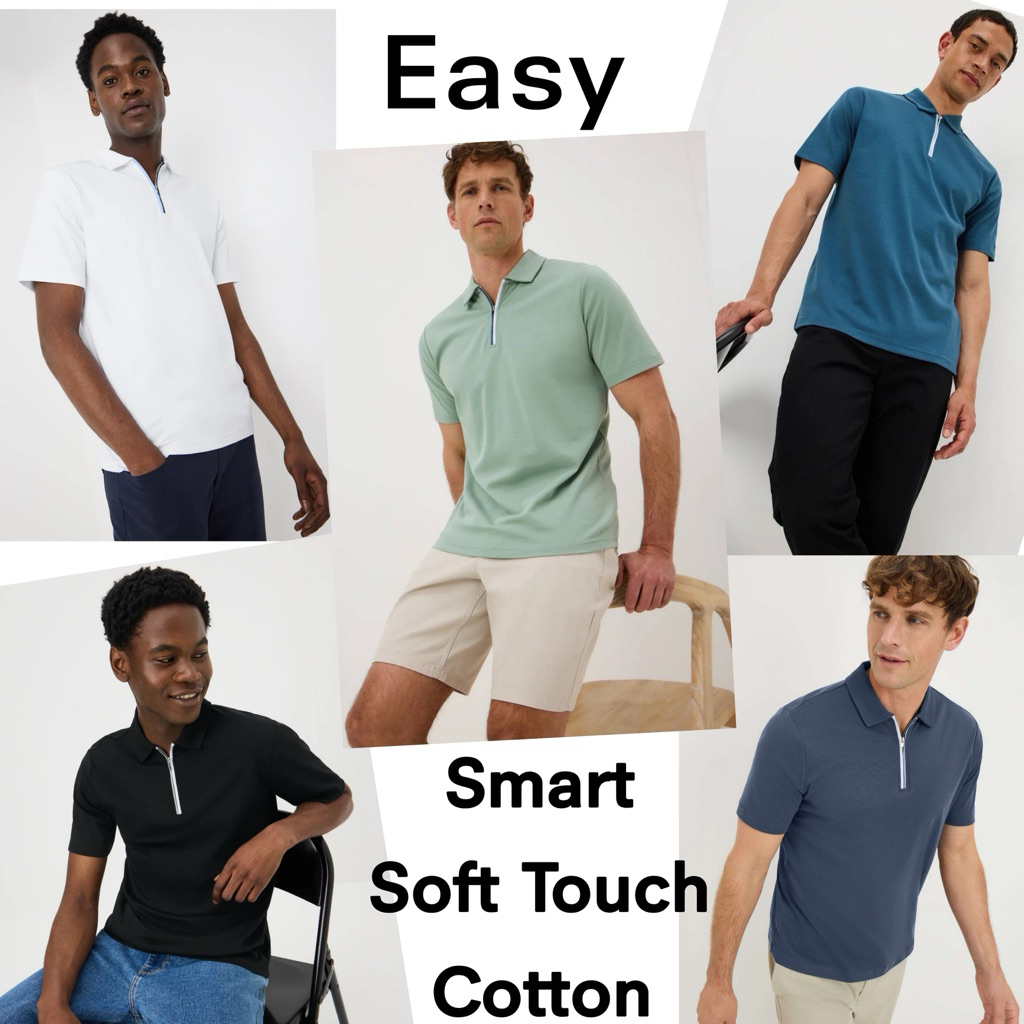 เสื้อคอซิปแขนสั้น Easy Smart Soft Touch Cotton Zip Polo Shirt
