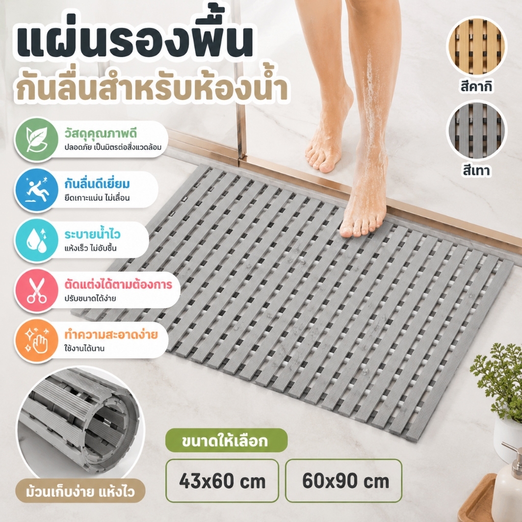 แผ่นกันลื่นสำหรับห้องน้ำ ทำจาก TPE มีแรงดูดสูง และมีรูระบายน้ำ ขนาด 43×60 ซม./60×90 ซม.