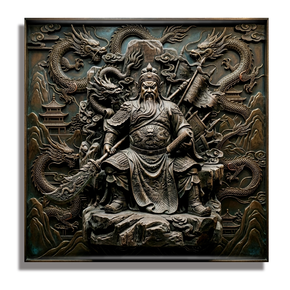 ภาพเทพเจ้ากวนอู พิมพ์หนังกรอบลอยไม้ ขนาด 40x40 Cm.