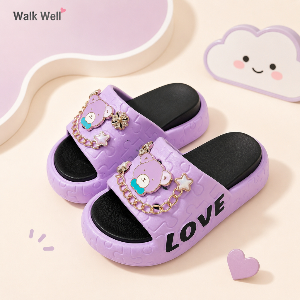 Walk Well รองเท้าแตะผู้หญิง พื้นหนานุ่ม ดีไซน์น่ารัก แต่งโซ่จี้หมีดาว ใส่สบาย แมตช์ง่าย สไตล์แฟชั่น