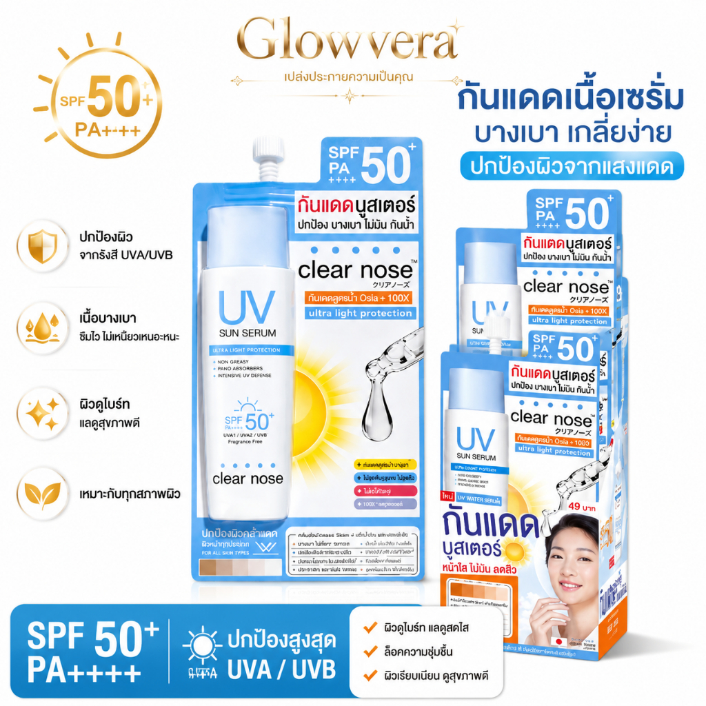 [ยกกล่อง 6 ซอง] Clear Nose UV Sun Serum SPF50+ PA++++ กันแดดหน้า เซรั่มกันแดด บางเบา ไม่เหนียว ไม่อุดตัน สำหรับผิวแพ้ง่า