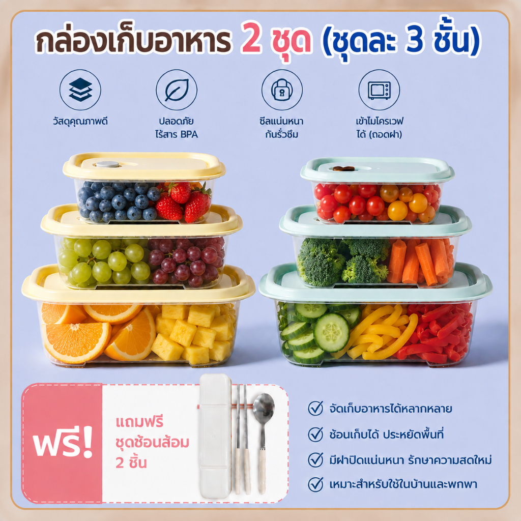 ซื้อ 3 ชิ้น แถมฟรี 5 ชิ้น กล่องเก็บอาหารในตู้เย็น. เหมาะสำหรับใช้ในตู้เย็นและไมโครเวฟ สำหรับเก็บผักและผลไม้.