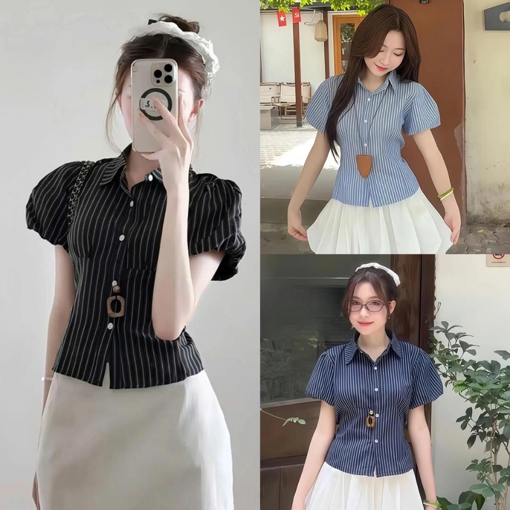 STYLE#เสื้อเชิ้ตแขนสั้นสำหรับผู้หญิง ลายทาง มีปก แขนพอง ทรงเข้ารูป น่ารักและมีสไตล์#w767