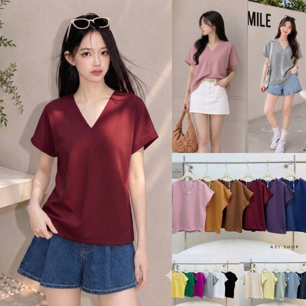 A114 คอวีสีพื้นแขนล้ำ