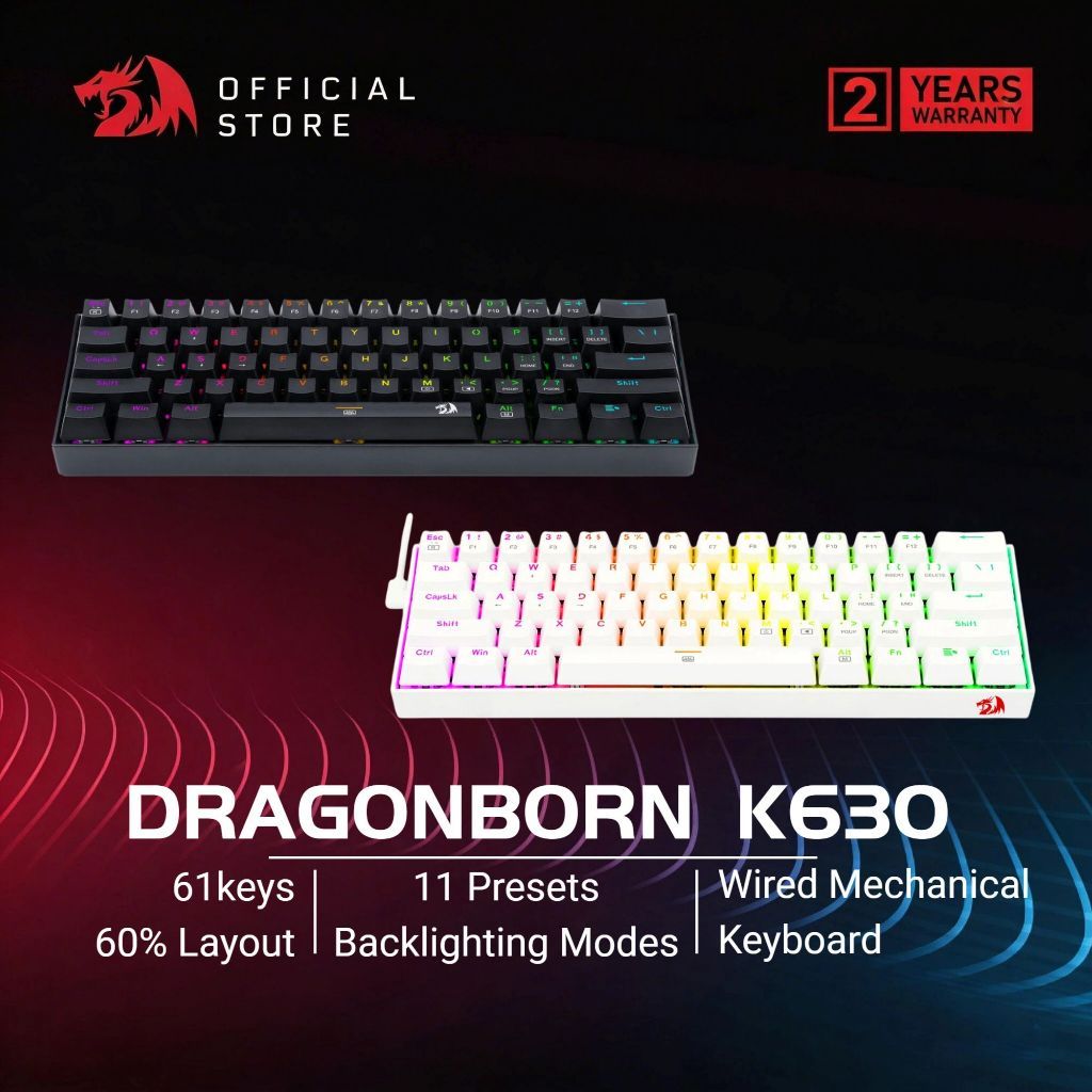 Redragon K630 คีย์บอร์ดเกมมิ่งแบบมีสาย 61 ปุ่ม คีย์แคปภาษาไทย ขนาด 60% คีย์บอร์ดแมคคานิคอลขนาดกะทัดร