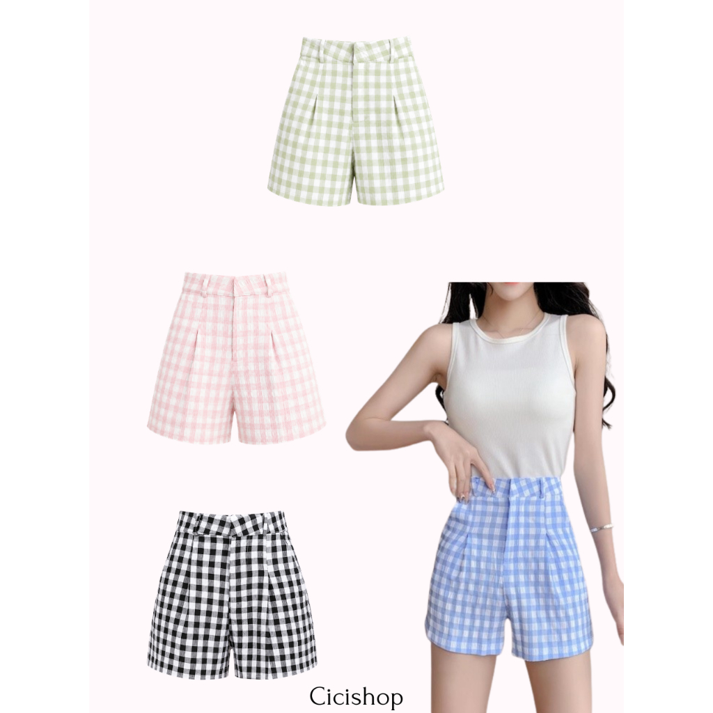 SALE 8.8 Cicishop(255) กางเกงขาสั้นเอวสูงลายสก๊อตน่ารัก Scotty cute ตะขอหน้า มีกระเป๋า เนื้อผ้าคอตตอน