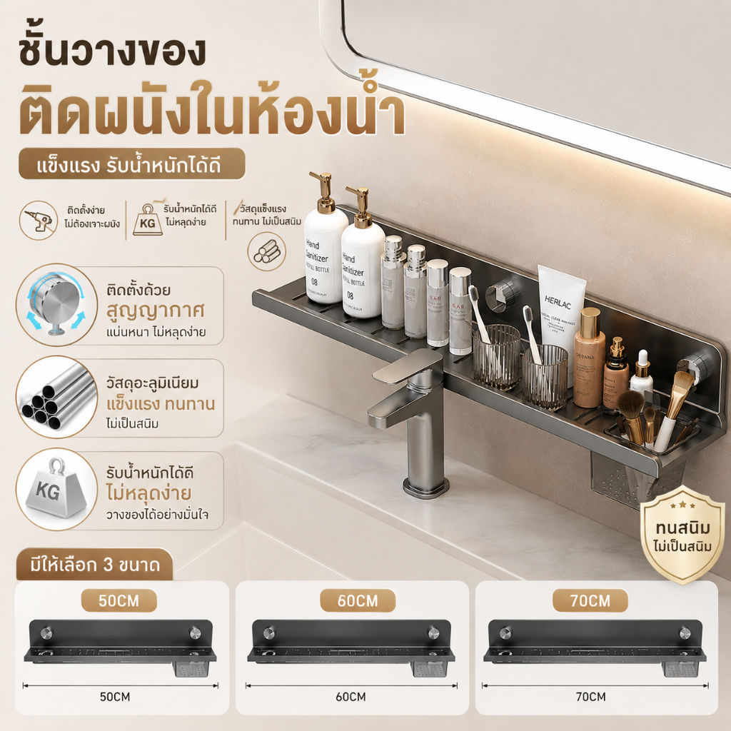 HT ชั้นเก็บก๊อกน้ํา แบบติดผนัง ระบายน้ำดี ไม่ต้องเจาะรู รับน้ำหนักได้ดี กันน้ำกันสนิม สำหรับห้องน้ำและอ่างล้างหน้า