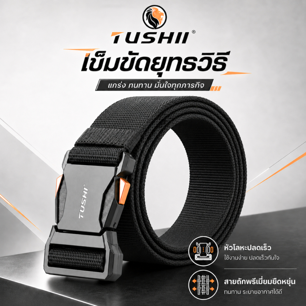 Tushi Tactical เข็มขัดยุทธวิธี สีดำ หัวโลหะ ปลดเร็ว สายถักพรีเมี่ยม ยืดหยุ่น ไม่ลอก น้ำหนักเบา