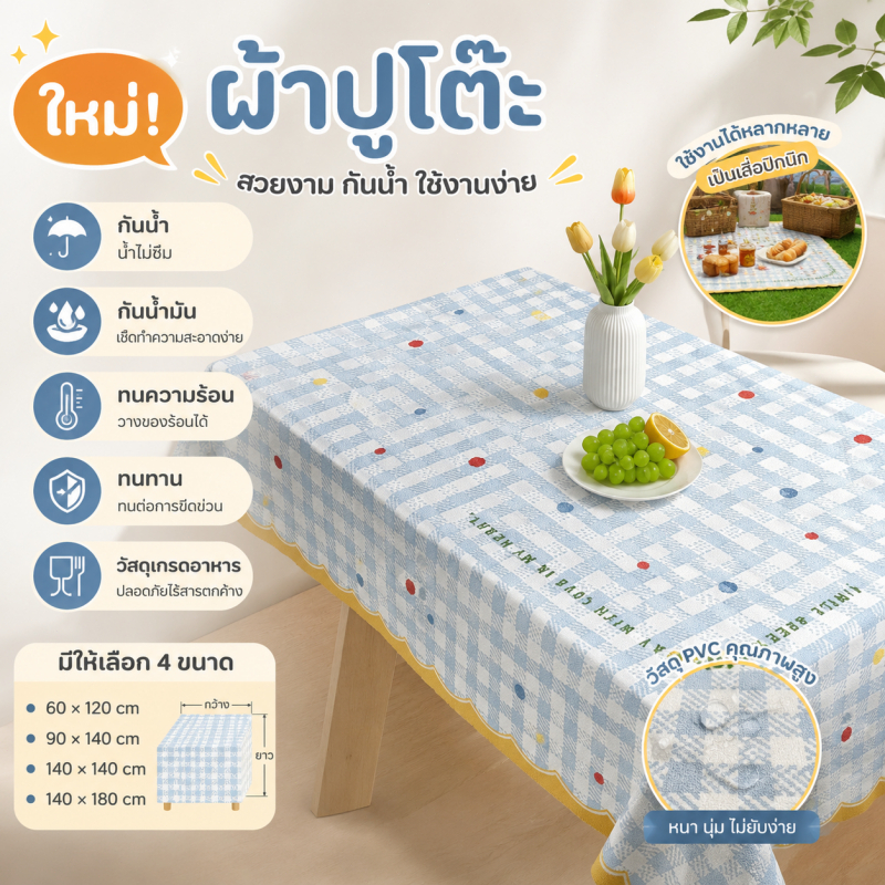 NEW ผ้าปูโต๊ะPVC 140*180ซม. ลายช่องหลายสีผ้าปูปิคนิค วัสดุเกรดอาหาร กันน้ำ กันน้ํามัน ทนร้อน ทนทานต่อการสึกหรอ พกพาสะดว